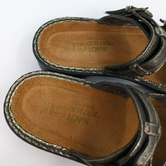 Naot Karaoke Wedge Sandal 37 6 Metallic Bronze Gold Strappy Side Buckle Open Toe - Picture 3 of 13